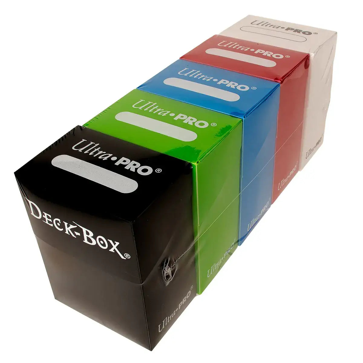 Stacked Ultra Pro deck boxes for secure card storage and collectible card organization
