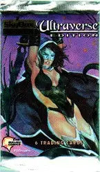 Stylized woman in green on purple, featured on Ultraverse trading card pack cover