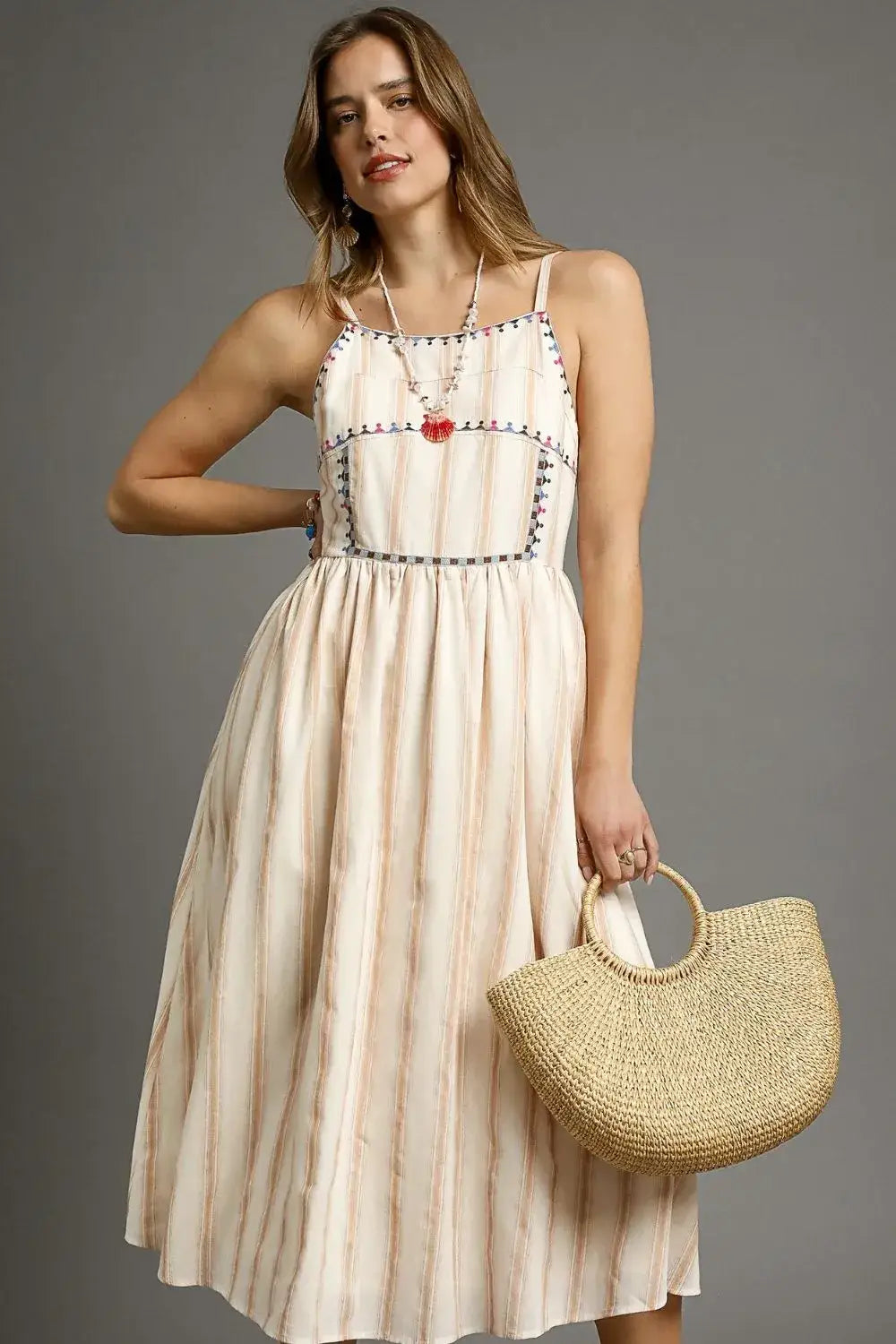Umgee 100% Cotton Colorful Embroidered Trim Cami Dress SM/MED/LG - Day Dress