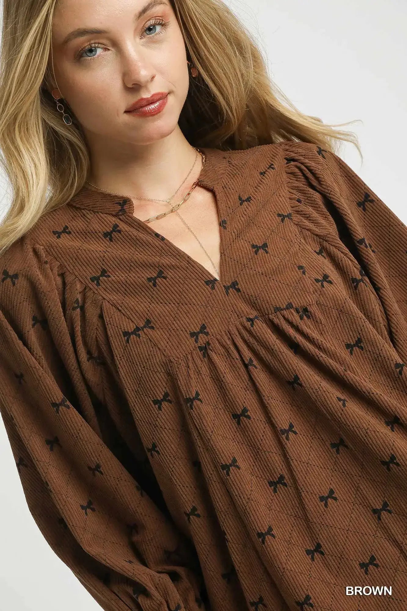 Umgee Corduroy Bow Print Balloon Sleeve Blouse - Balloon Sleeve Blouse