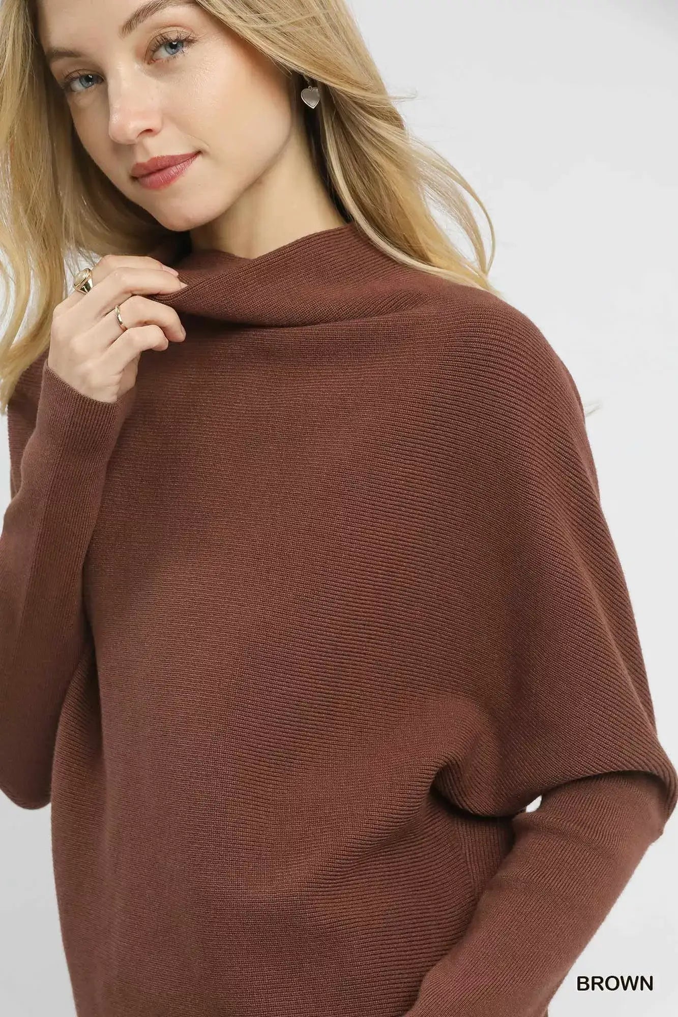 Umgee Draped Turtleneck Long Sleeve Knit Top - Long Sleeve Knit Top