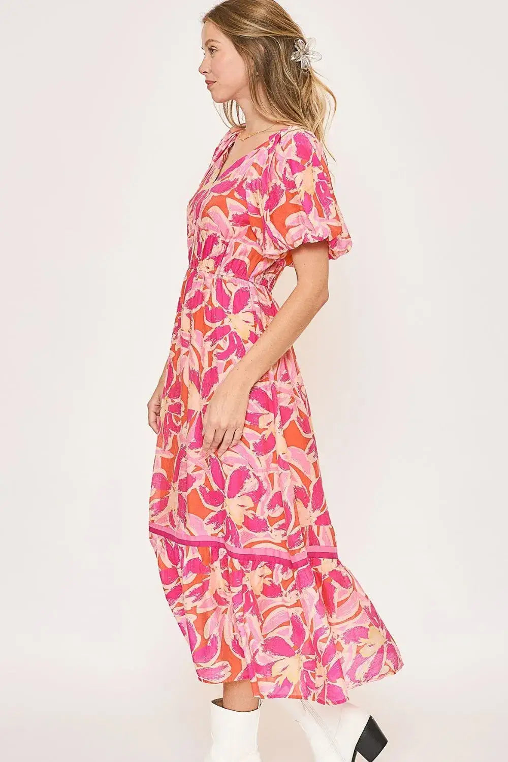 Umgee Floral Notched Puff Sleeve Midi Dress - dress