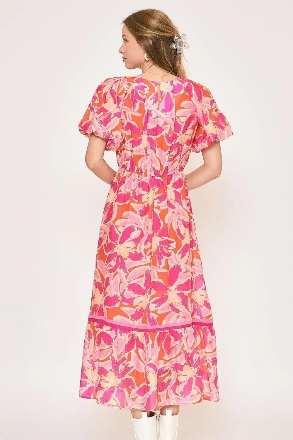 Umgee Floral Notched Puff Sleeve Midi Dress - dress