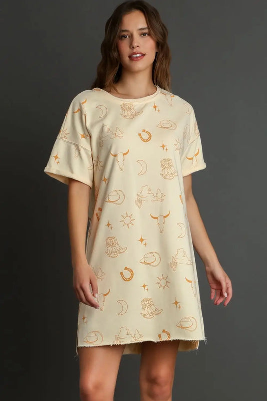 Umgee Full Size French Terry Short Sleeve Round Neck Dress Plus Size - NATURAL / S - dress