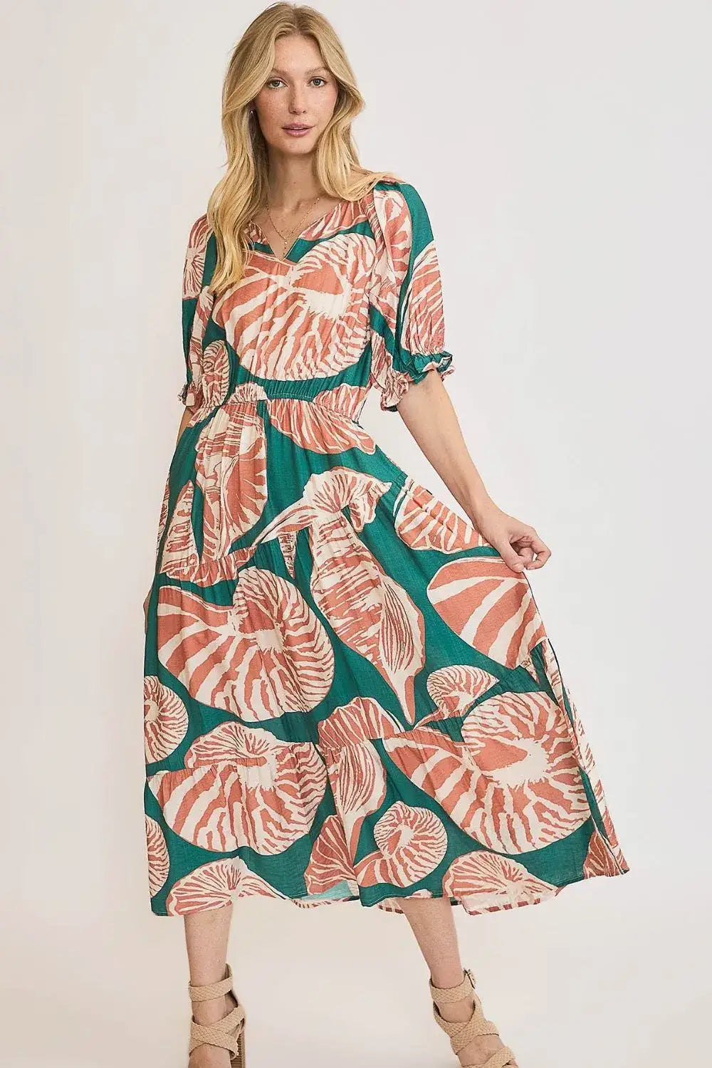 Umgee Full Size Printed Notched Puff Sleeve Midi Dress Plus Size - GREEN/CLAY / S - dress
