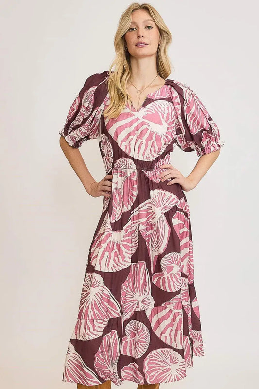 Umgee Full Size Printed Notched Puff Sleeve Midi Dress Plus Size - PLUM/MAUVE / 1XL - dress