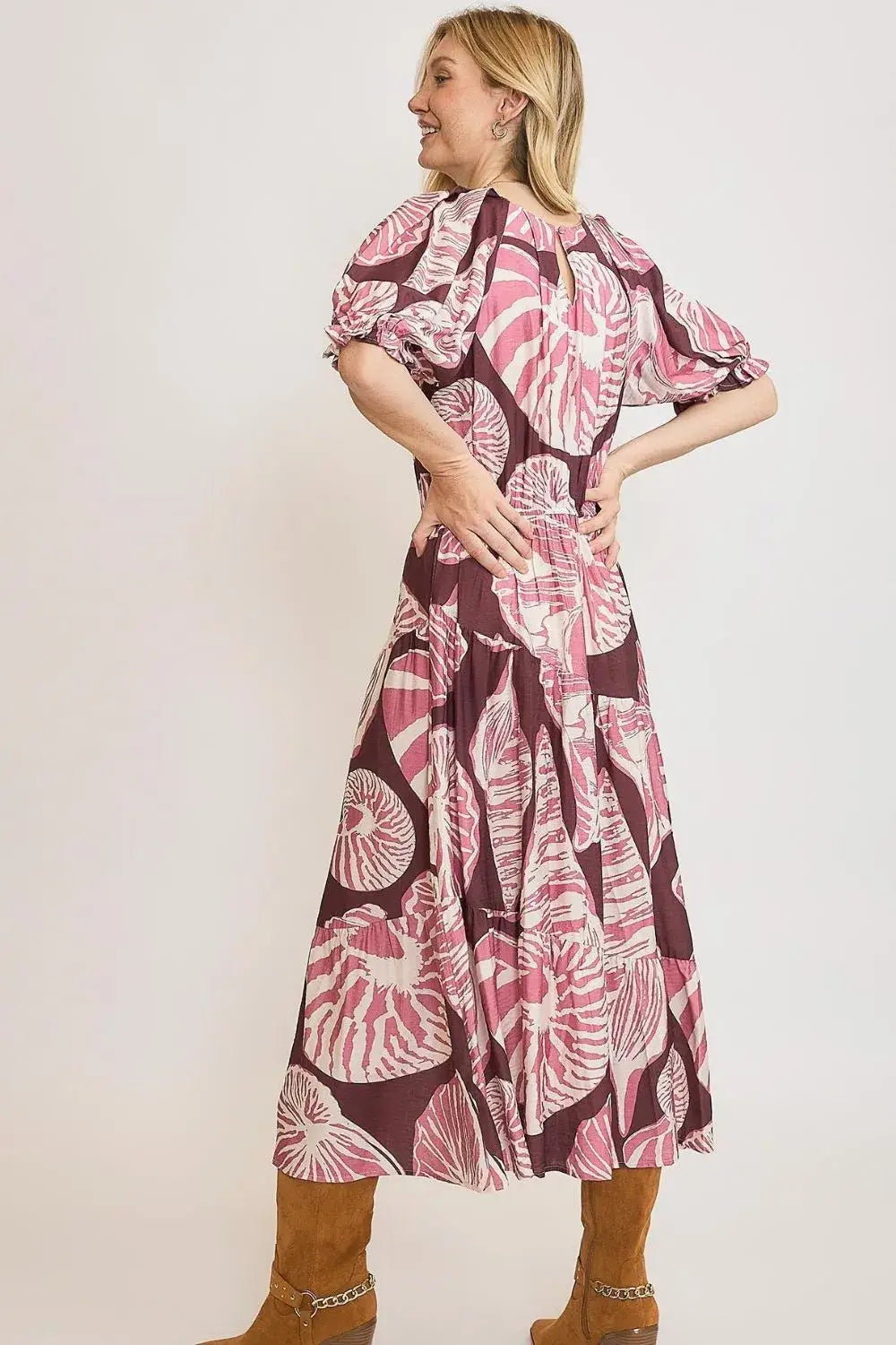Umgee Full Size Printed Notched Puff Sleeve Midi Dress Plus Size - dress
