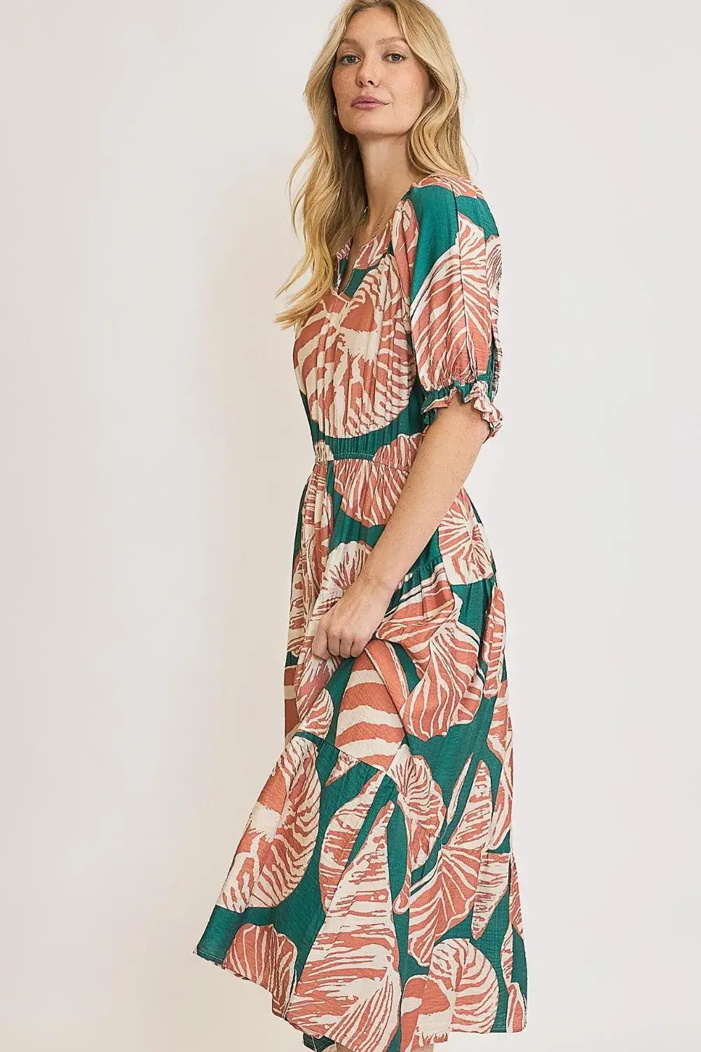 Umgee Full Size Printed Notched Puff Sleeve Midi Dress Plus Size - dress