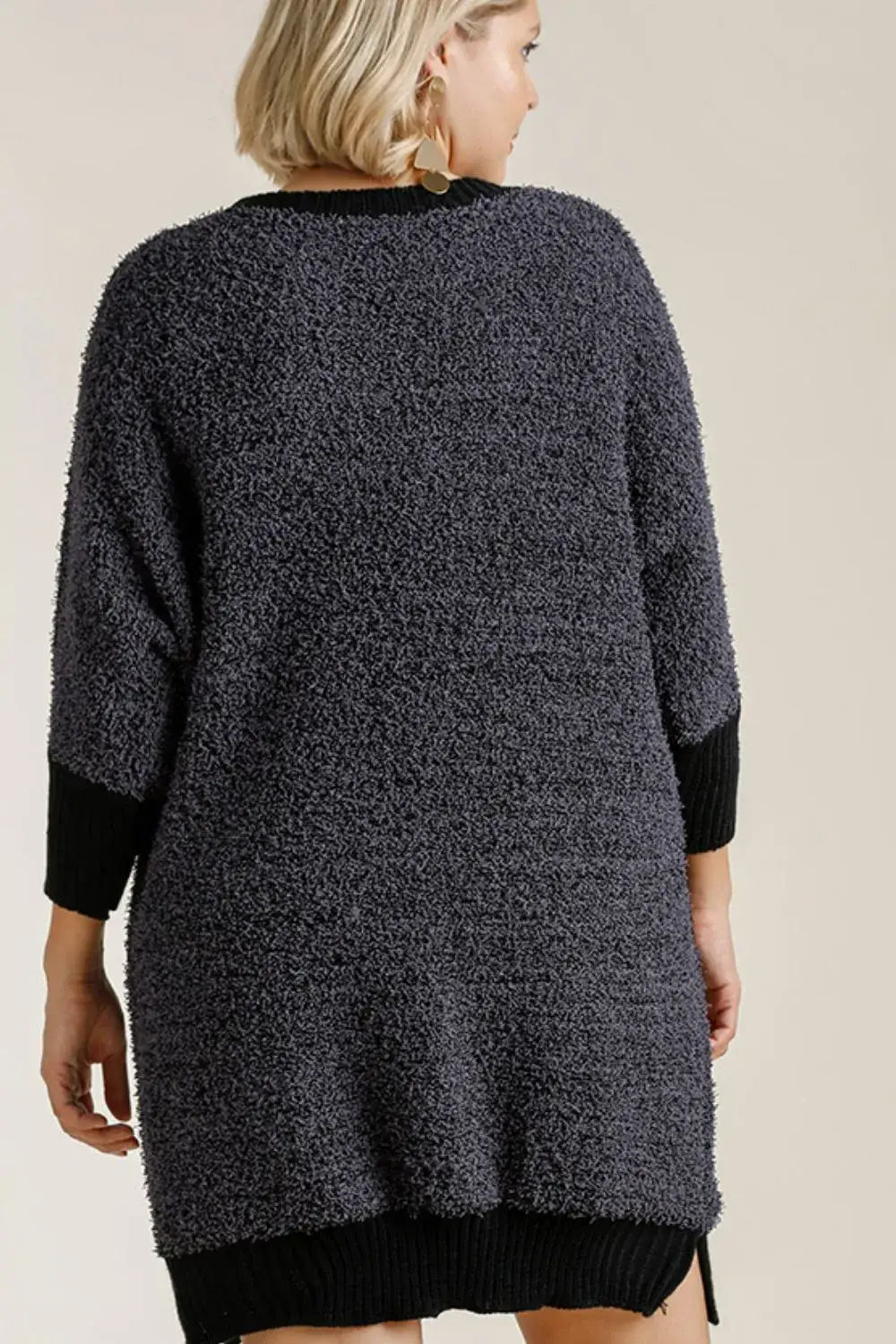 Umgee Full Size Ribbed Hem Round Neck 3/4 Sleeve Sweater Dress with Pockets Plus Size