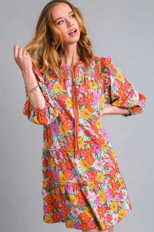Umgee Full Size Ruffled Flower Print Tie Neck Tiered Dress Plus Size - BROWN MIX / S - dress