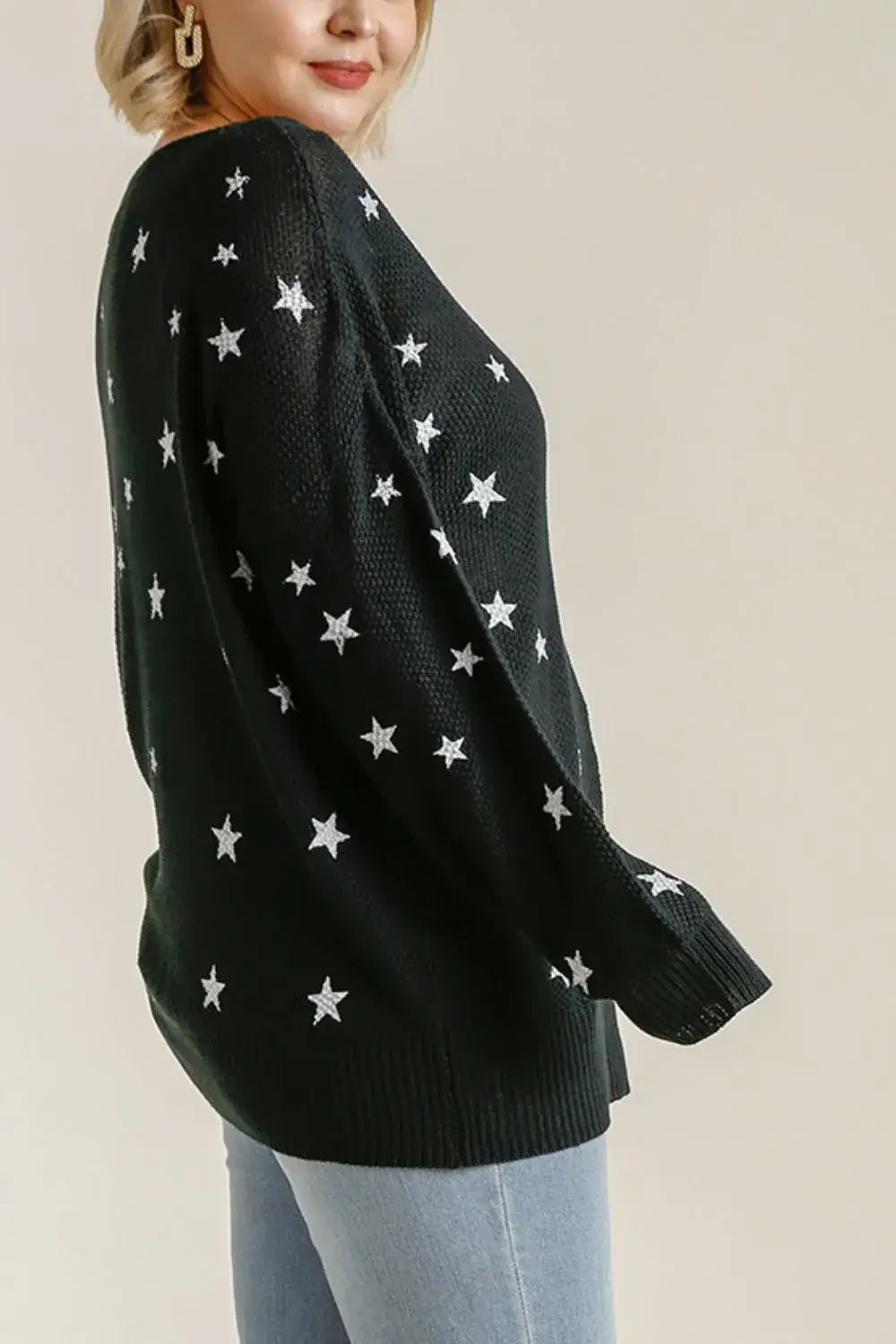 Umgee Full Size Star V-Neck Long Sleeve Sweater Plus Size