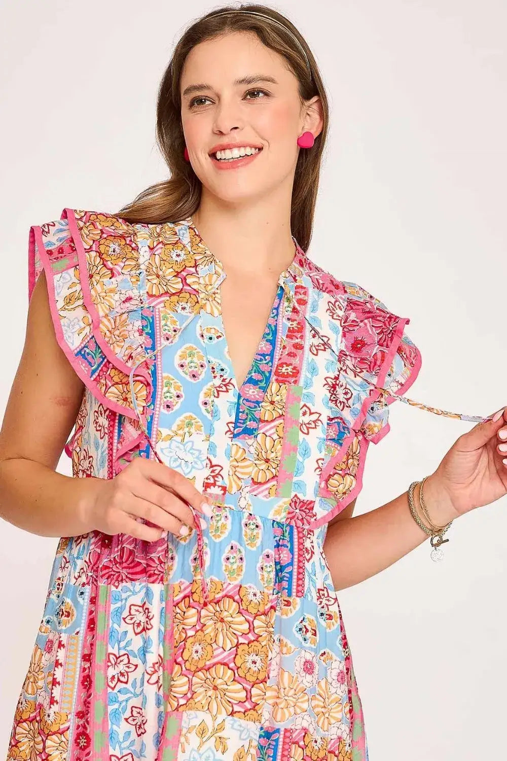 Umgee Full Size Tie Neck Double Layered Ruffle Sleeve Midi Dress Plus Size - dress