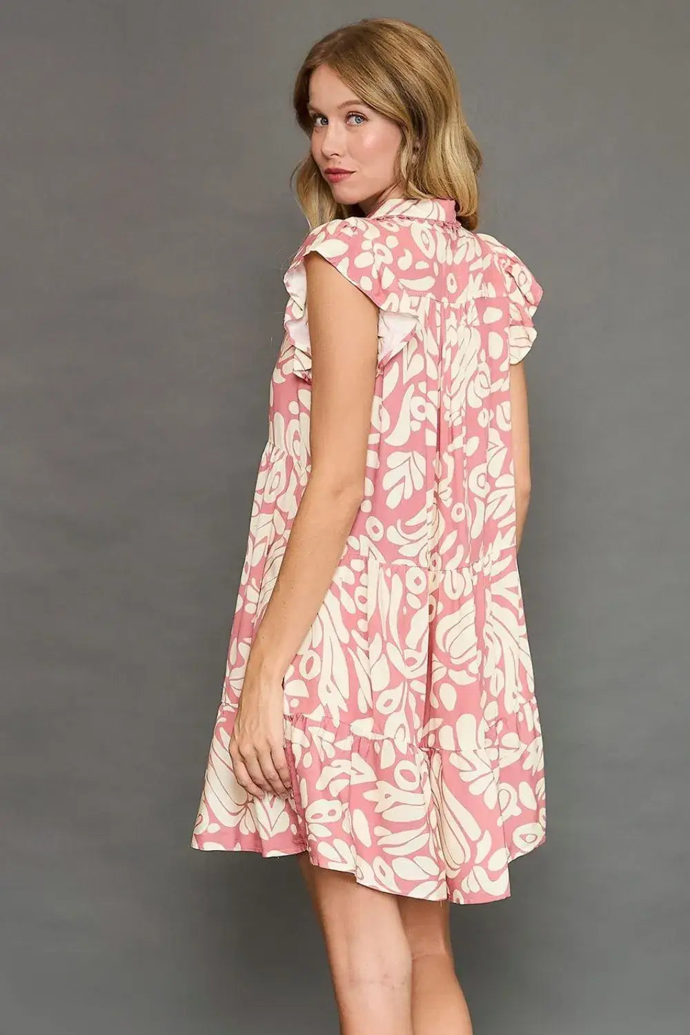 Umgee Full Size Two Tone Printed Ruffled Cap Sleeve Mini Dress Plus Size - dress
