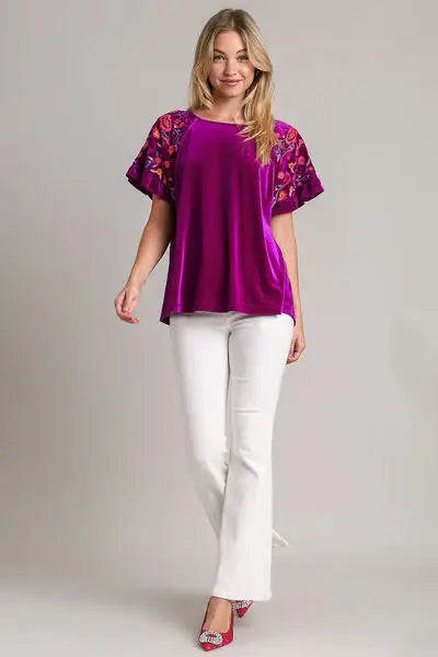 Magenta velvet embroidery short sleeve blouse with embroidered short sleeves for stylish look