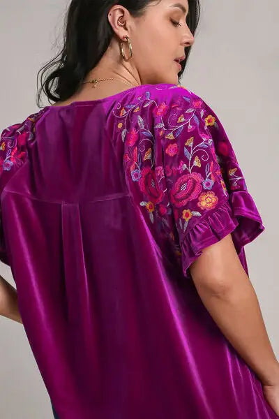 Magenta velvet embroidery short sleeve blouse with colorful floral embroidery on shoulders