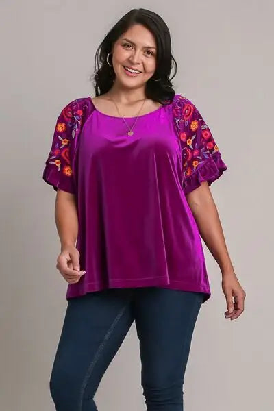 Women’s magenta velvet embroidery short sleeve blouse with floral embroidered sleeves