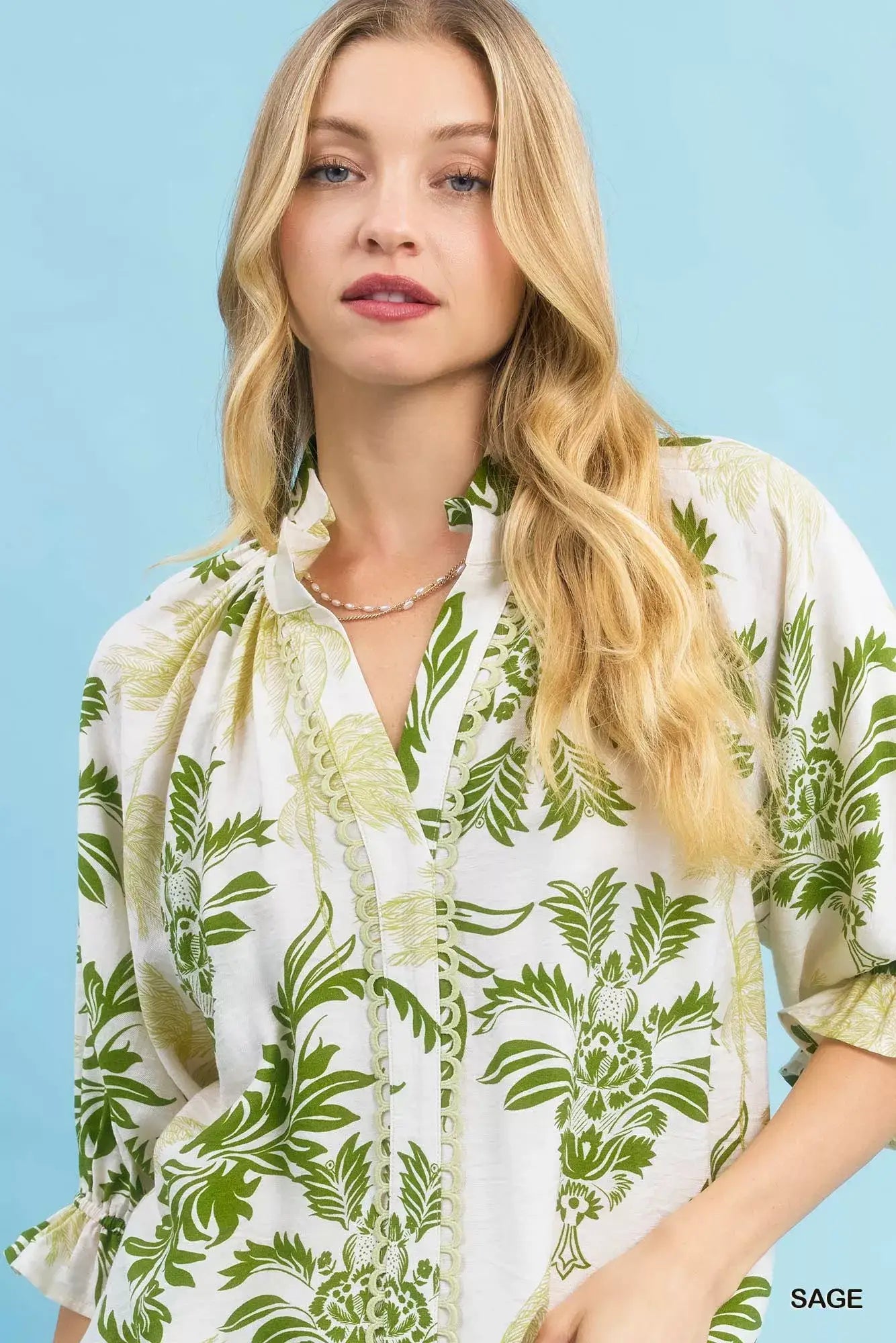 Umgee Leafy Damask Print Blouse with Contrast Scalloped Trim Detail