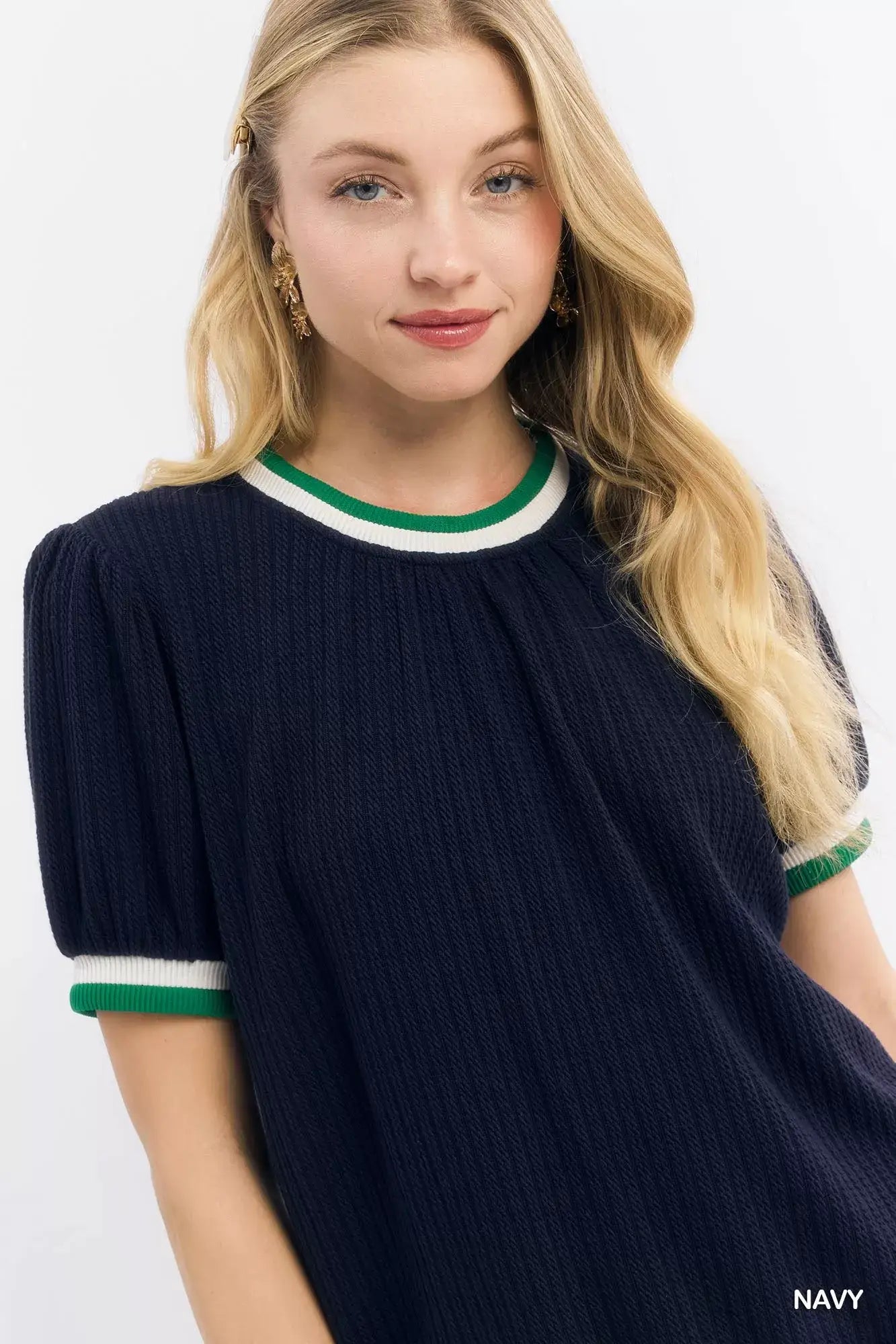 Umgee Puff Sleeve Knit Top with Contrast Rib Trim