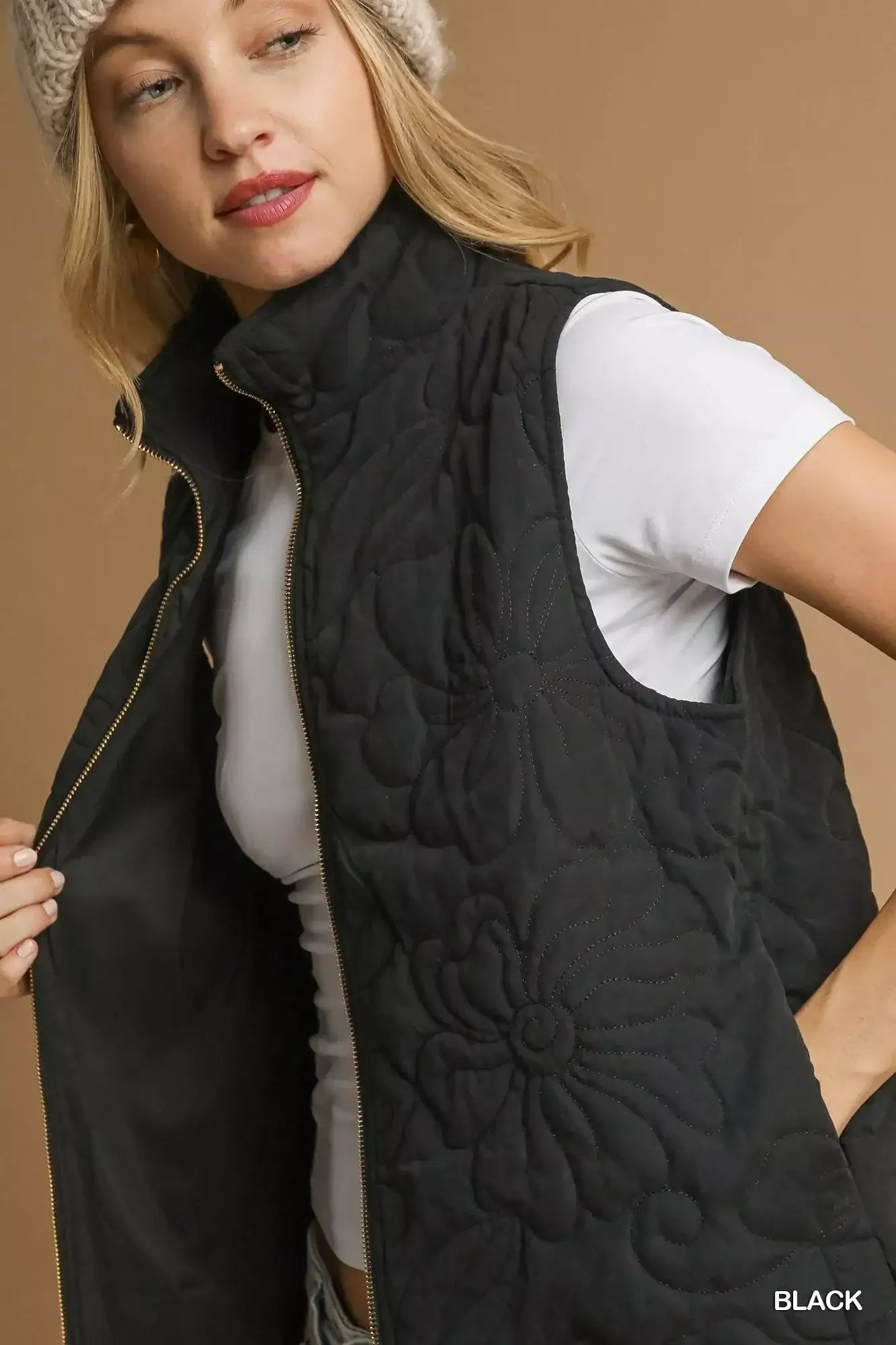 Umgee Quilted Floral Zip Up Vest with Pockets - Floral Zip Up Vest with Pockets
