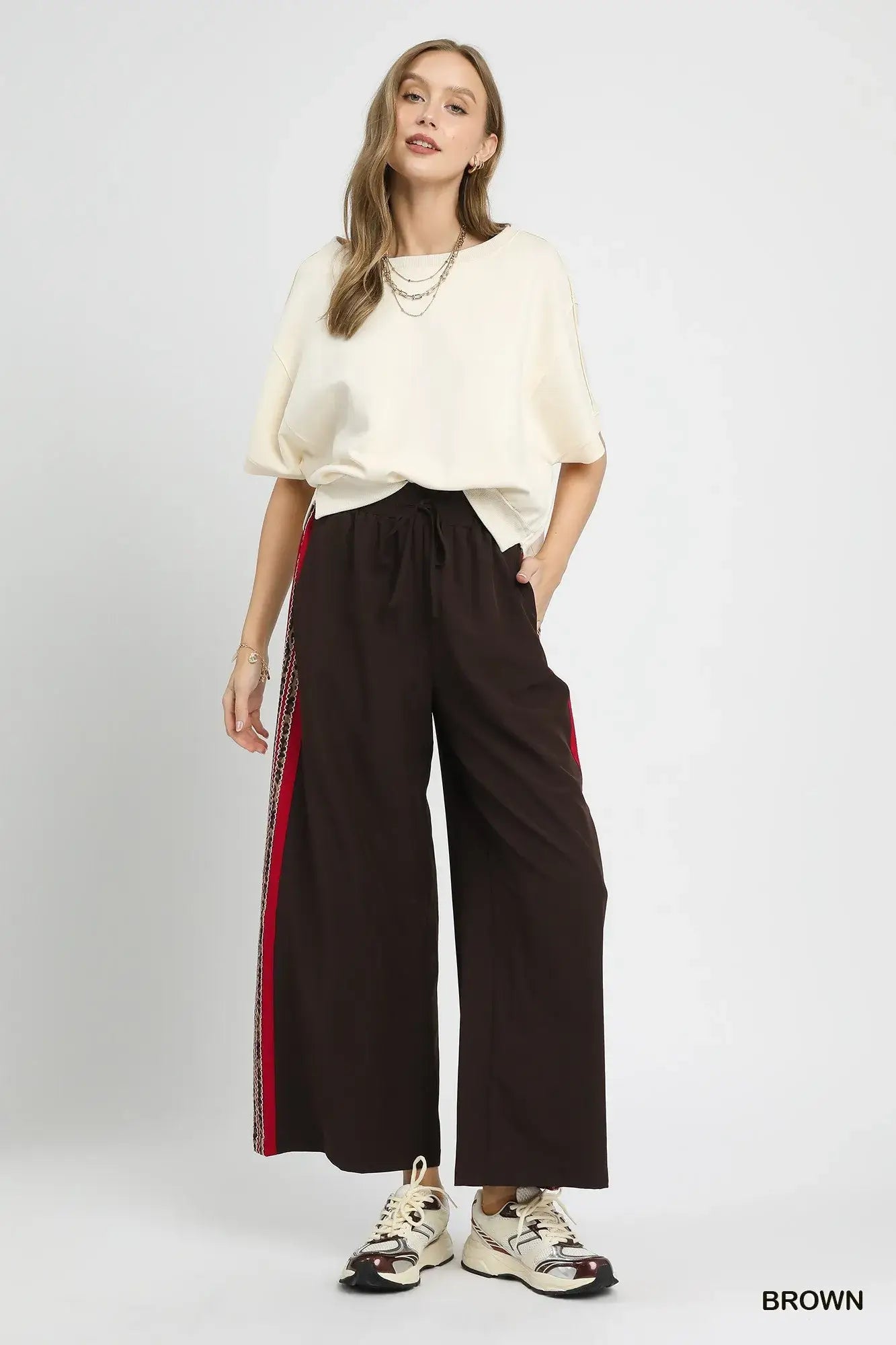 Umgee Wide Leg Pants with Contrast Side Trim - Contrast Side Trim