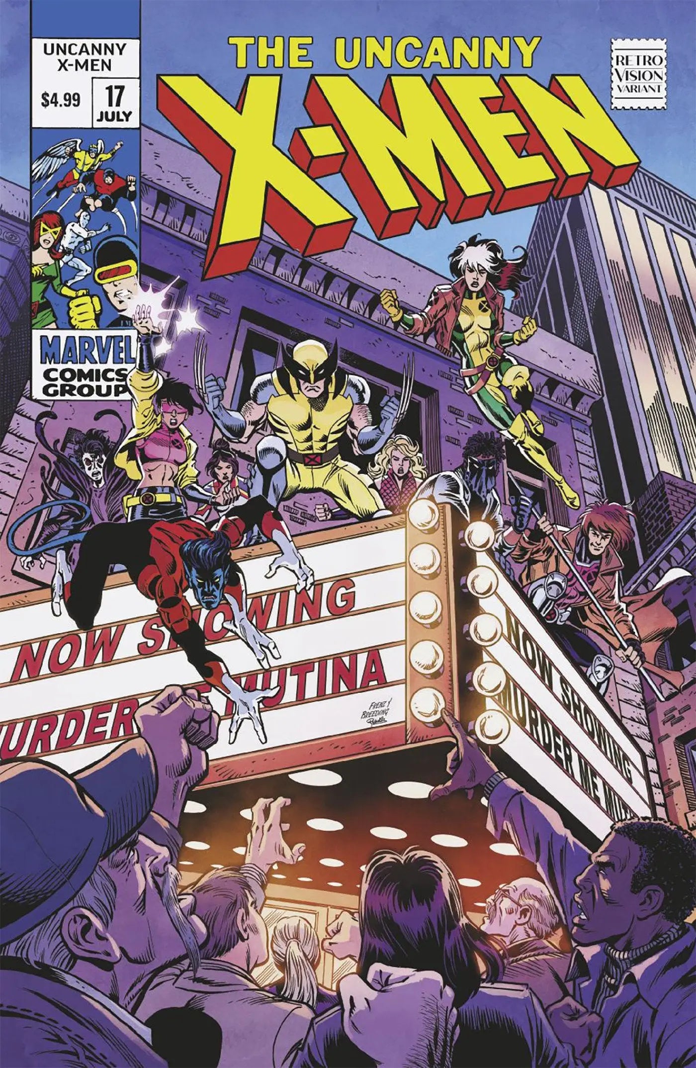 Vibrant comic book cover featuring X-Men characters on city street, Ron Frenz Retrovision Variant
