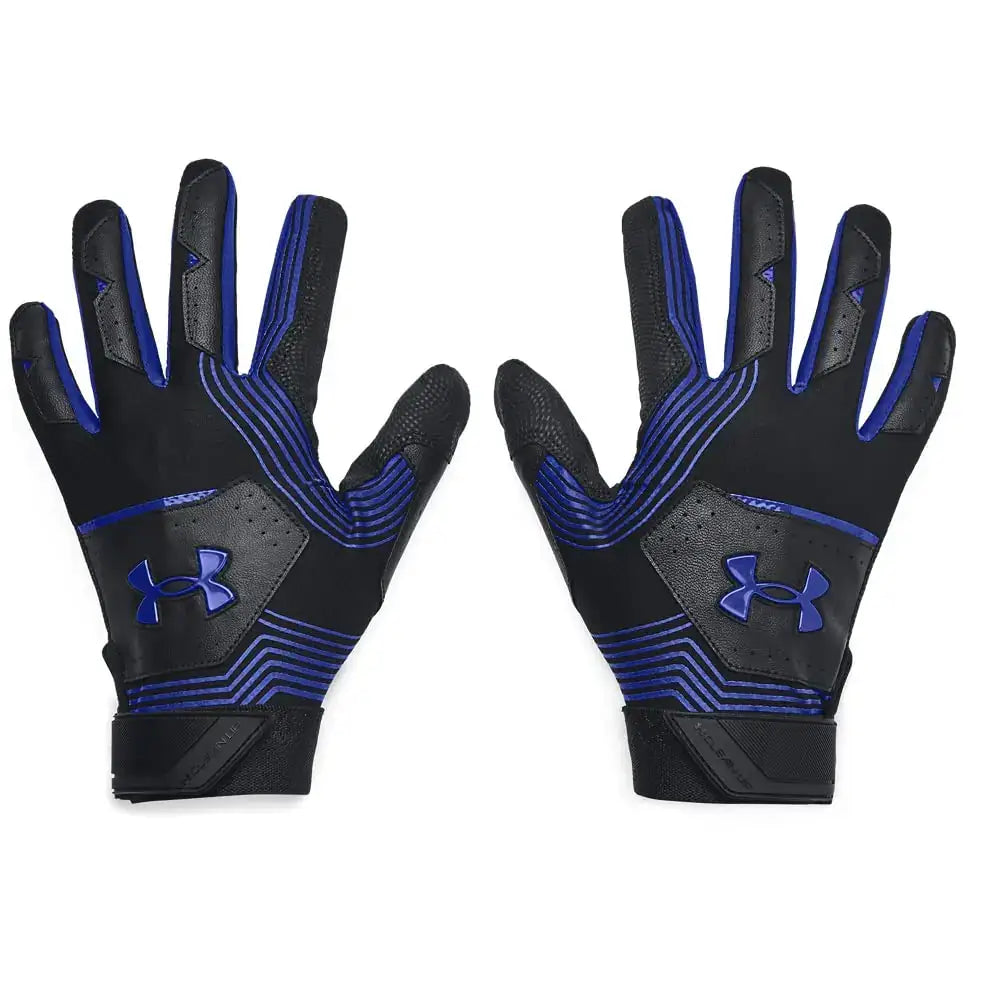Pair of Under Armour Mens Clean Up 21 Batting Gloves in black and blue with HeatGear® fabric for hands cool