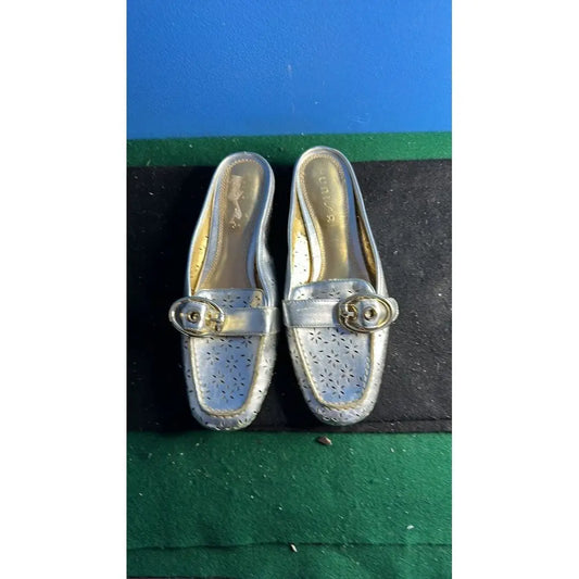 Silver women’s loafers with perforated design and gold buckles, perfect gold loafers for casual wear