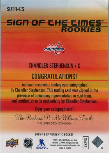Hockey trading card of Washington Capitals rookie C. Stephenson with autograph
