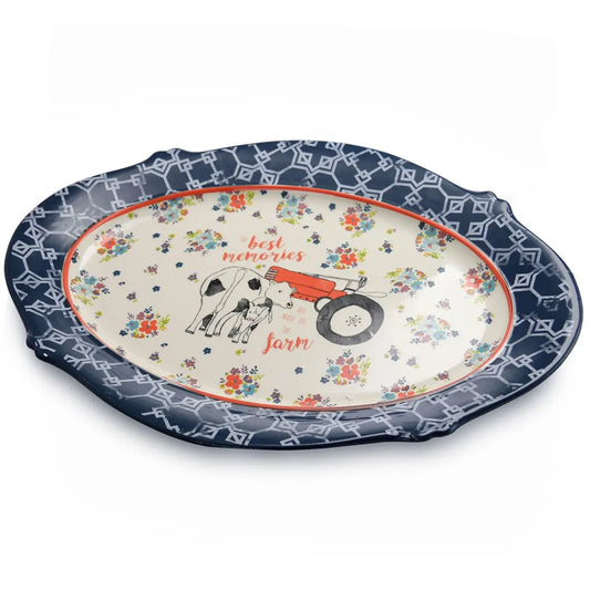 Urban Market Life on the Farm 18.5 Inch Oval Ceramic Serving Platter in Floral Farm Pattern - Tableware