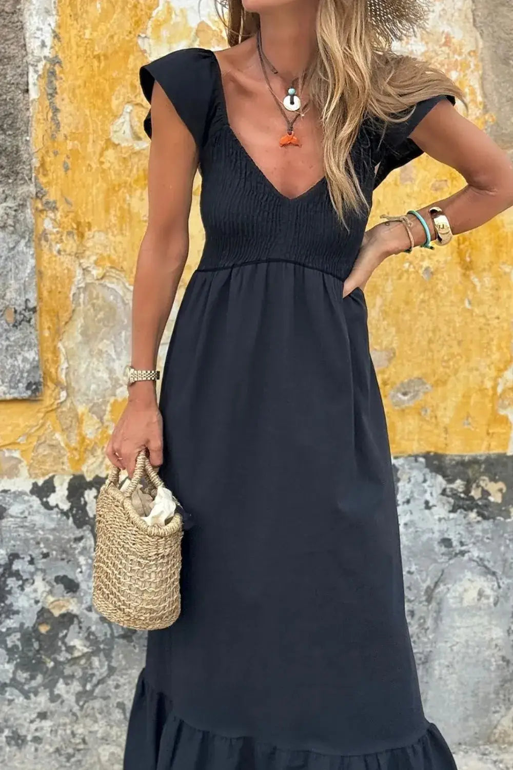 V Neck Ruffled Cap Sleeve Smocked Maxi Dress - dress