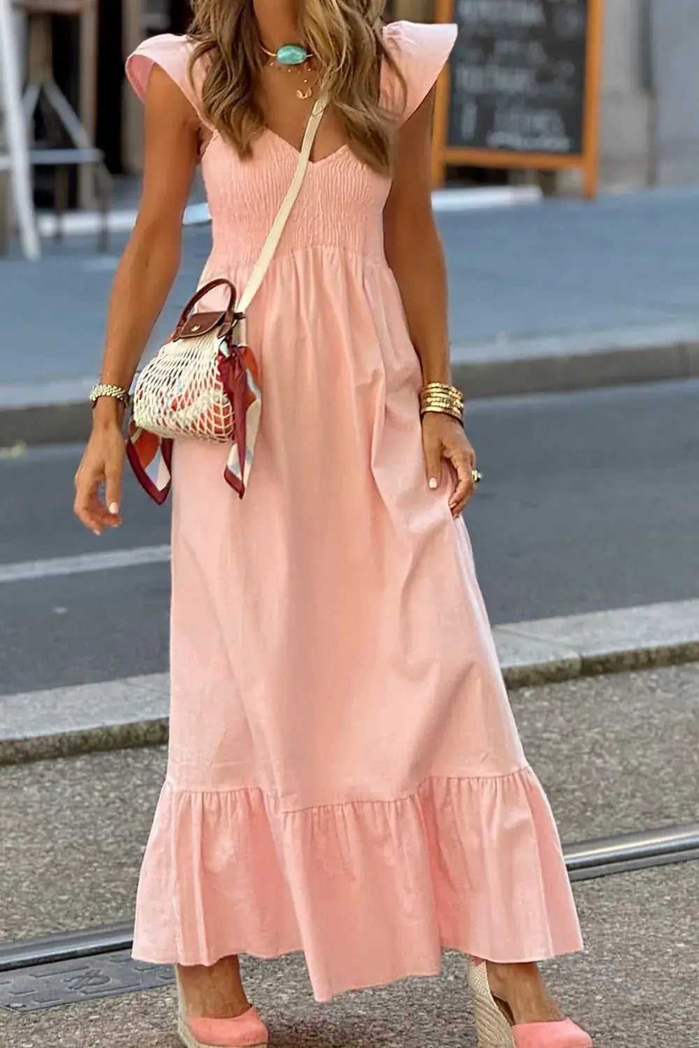 V Neck Ruffled Cap Sleeve Smocked Maxi Dress - dress