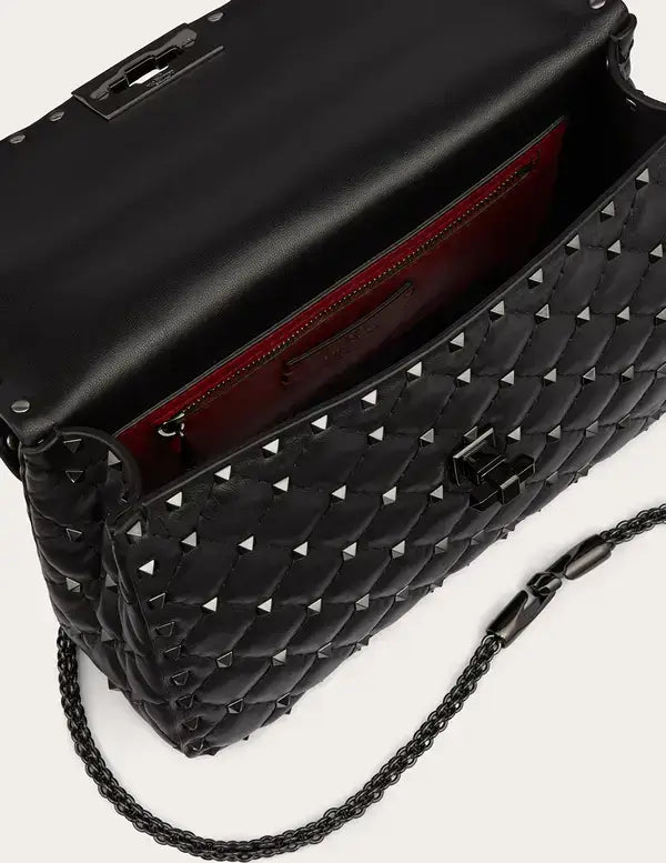Black Nappa leather Valentino Garavani Spike Bag with silver pyramid studs and woven chain strap