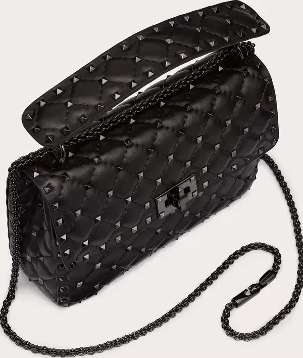 Black Nappa leather Valentino Garavani Spike Bag with quilted design, studs, and chain strap