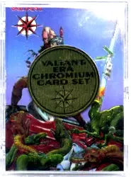 Circular green medal with Valiant in Bloomsbury Garden text for trading cards set