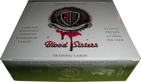 Box of Vampire Academy Blood Sisters trading cards with gothic logo and blood splatter design