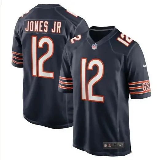 Dark blue Velus Jones Jr Chicago Bears Nike game jersey with 12 on front and back