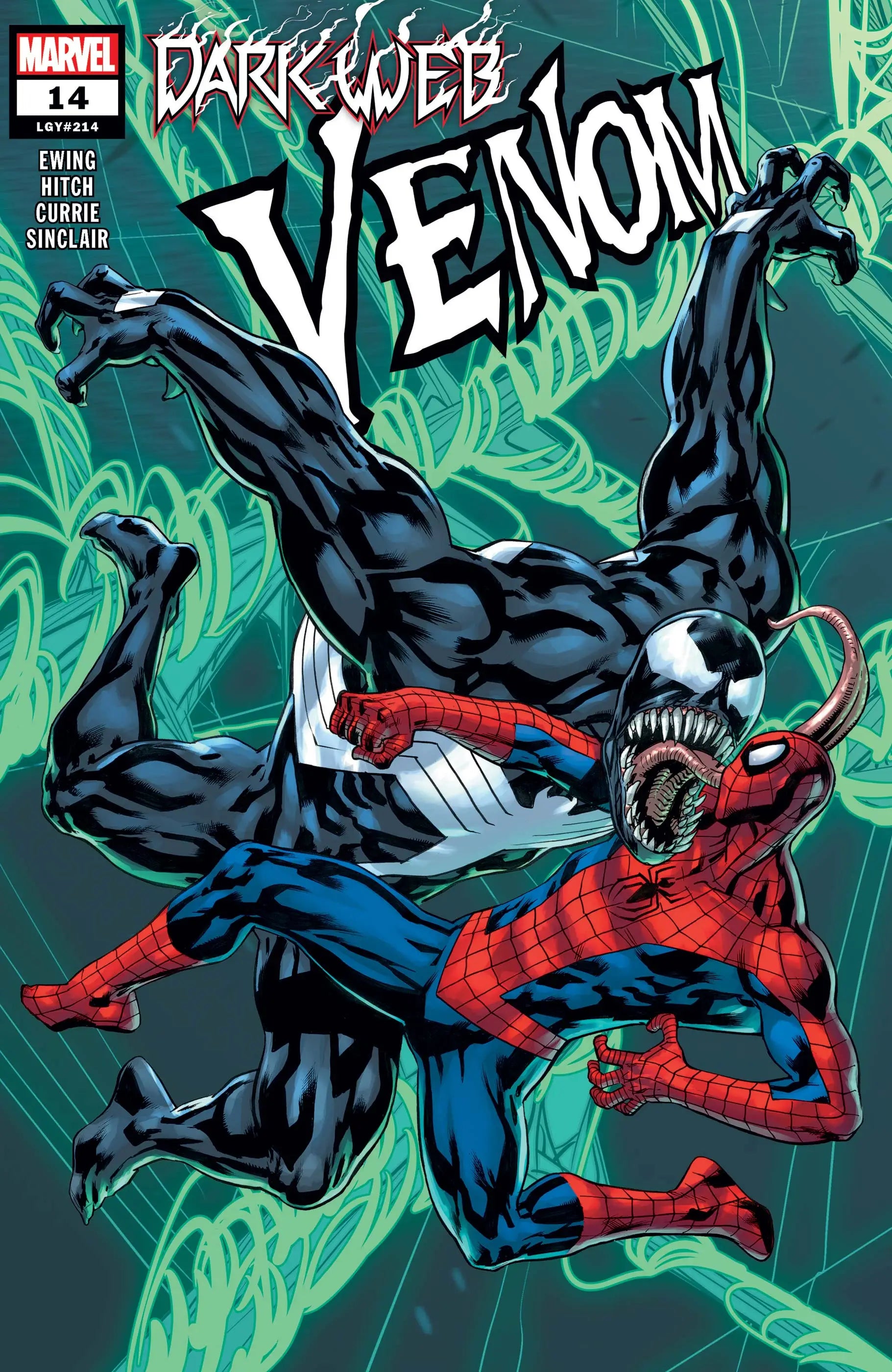 Venom #14 comic book cover featuring Venom and Spider-Man battling on a green background
