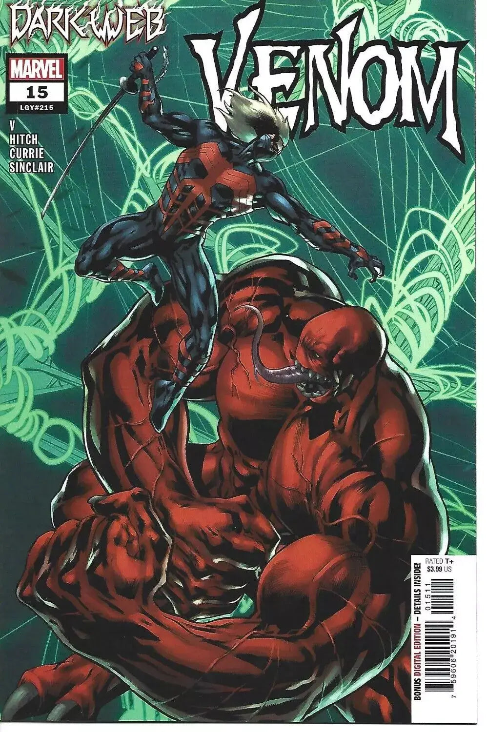 Red symbiote creature with tendrils in Venom #15 trading cards collection