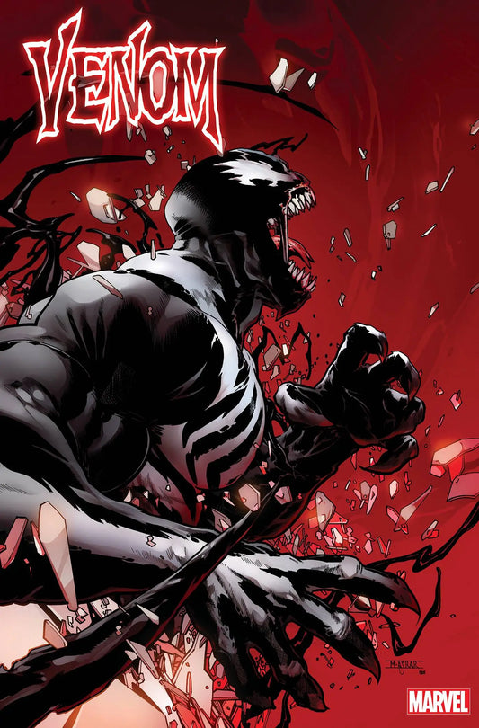 Venom comic book cover with aggressive symbiote Lee Price on red backdrop