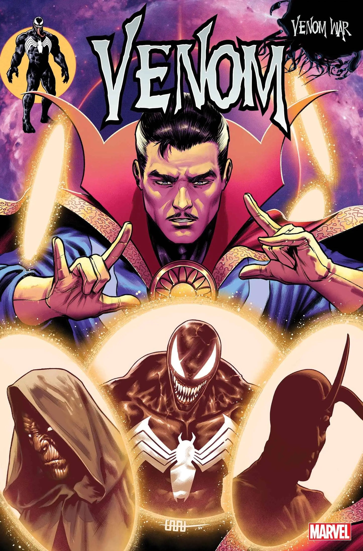 Comic book cover of VENOM #38 with mystical energy and symbiote host, ideal for trading cards