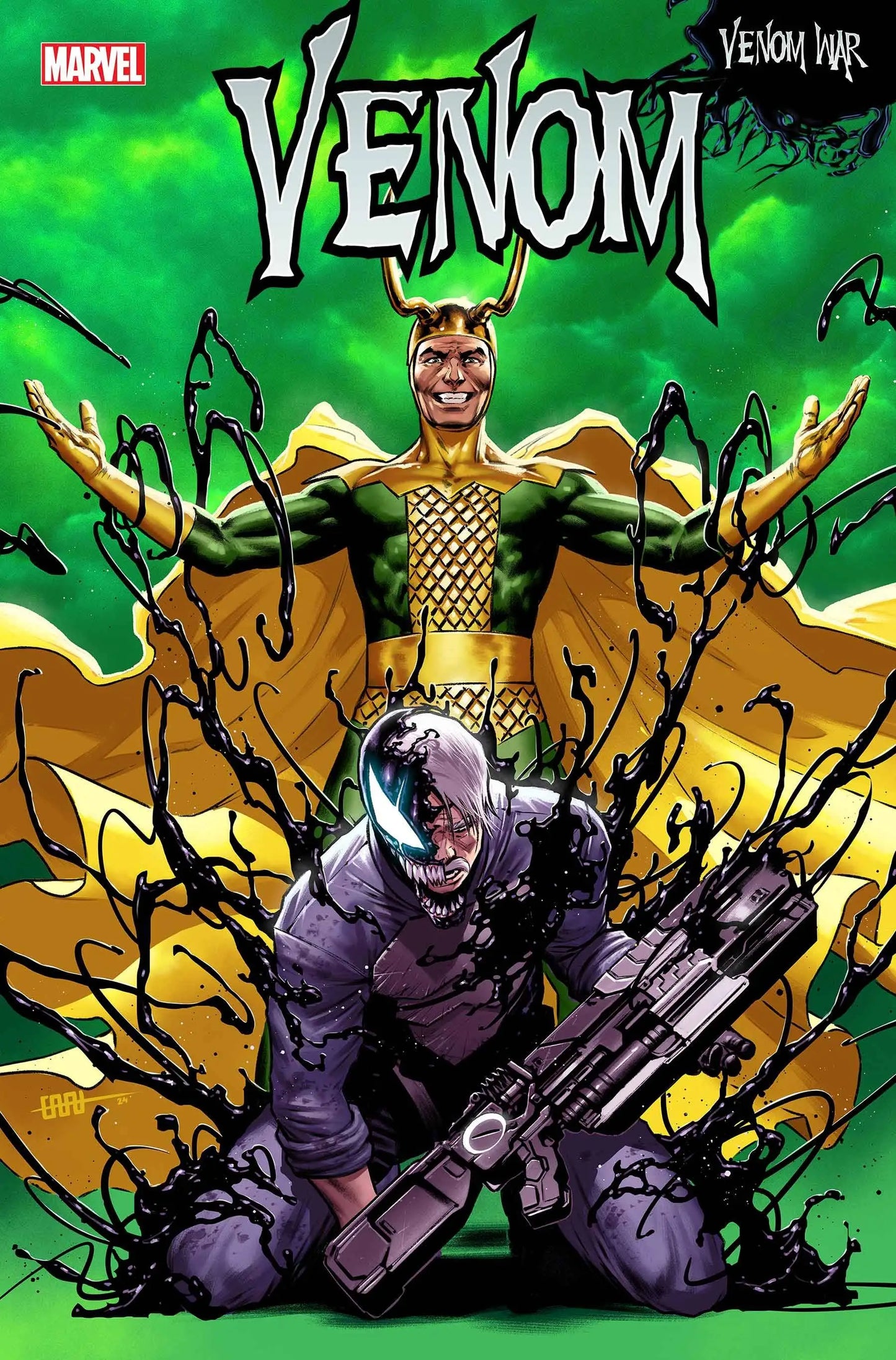 Venom comic book cover with symbiote character crouching, perfect for trading cards fans