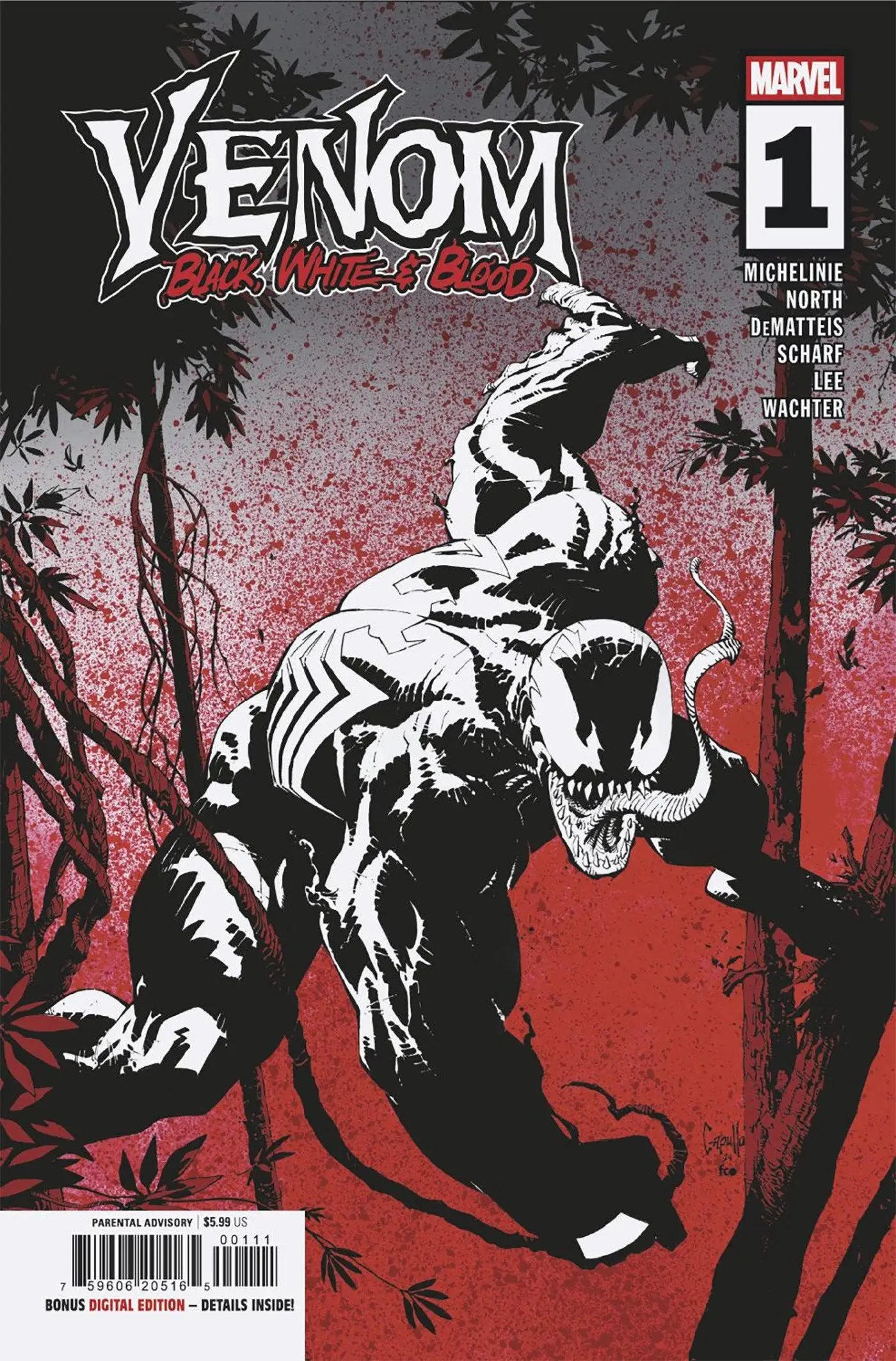 Comic book featuring Venom Black White & Blood #1, showcasing Venom Black White art style