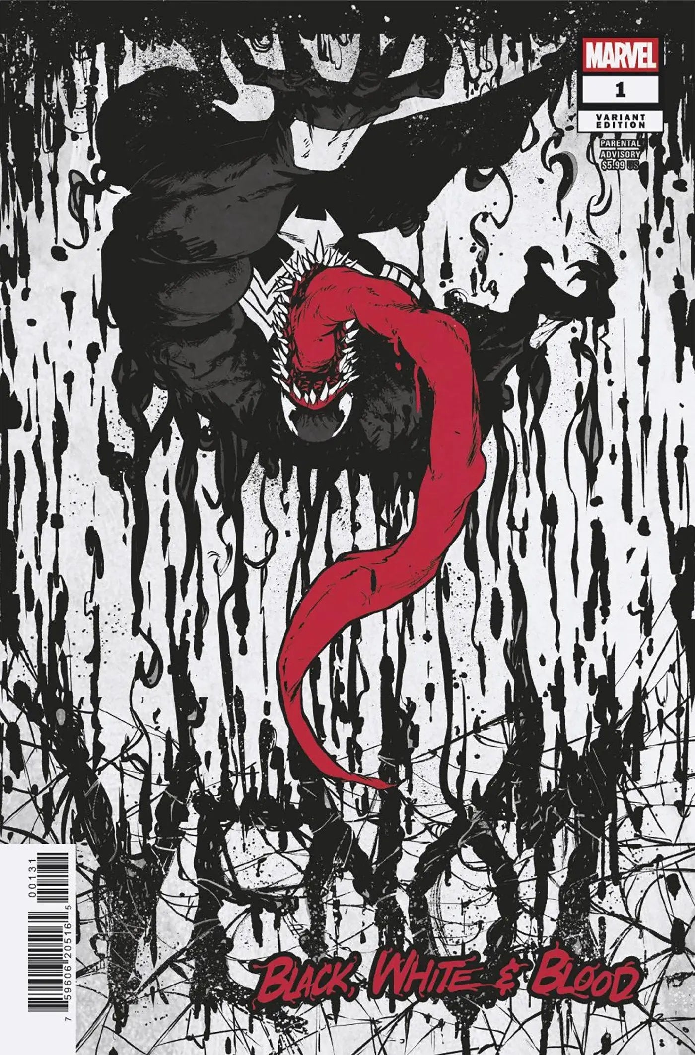 Venom comic book cover with red tongue on black and white background, Sanford Greene Variant