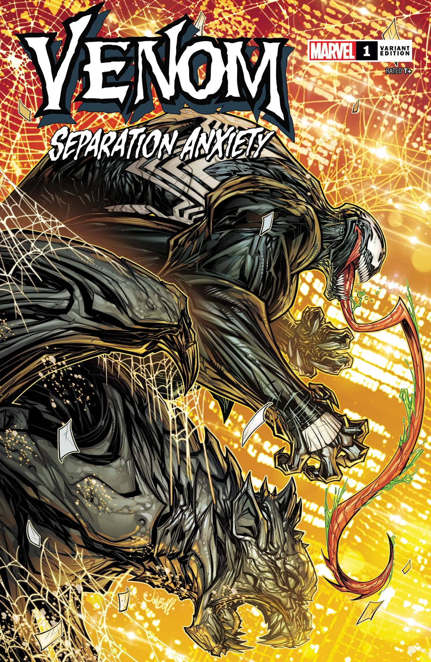 Venom symbiote leaps with tongue and claws in Venom: Separation Anxiety trading card art