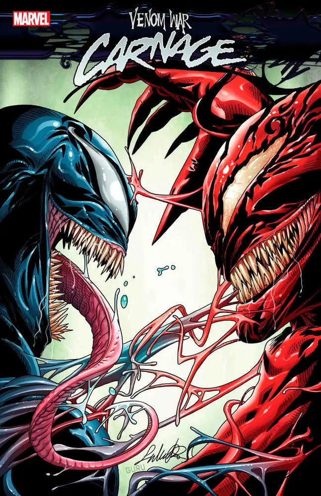 Two aggressive symbiote creatures with sharp teeth face off in Venom War: Carnage Salvador Larroca Variant