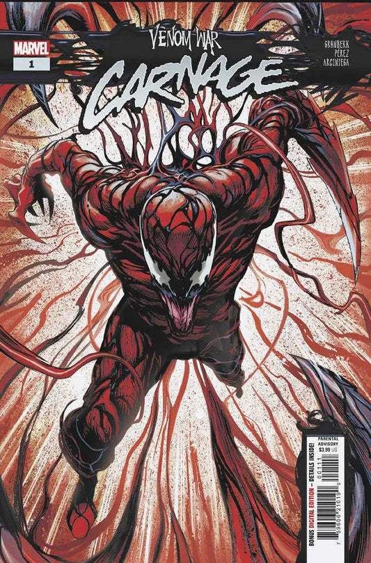 Carnage symbiote with sharp teeth and claws in aggressive pose for Venom War trading cards