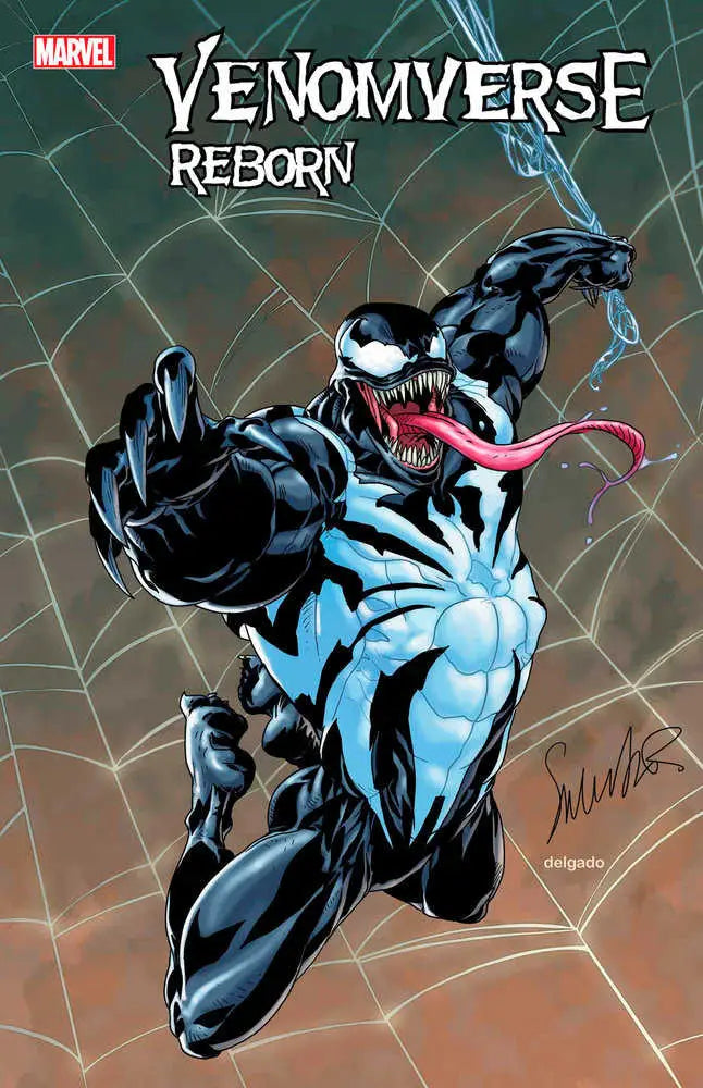 Venom symbiote with sharp teeth and long tongue on Venomverse Reborn #1 trading card design