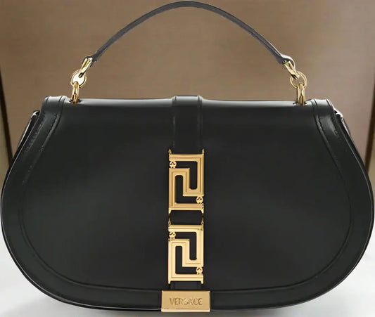 Versace Leather Greca Goddes Saddle Bag with gold-tone hardware and black leather