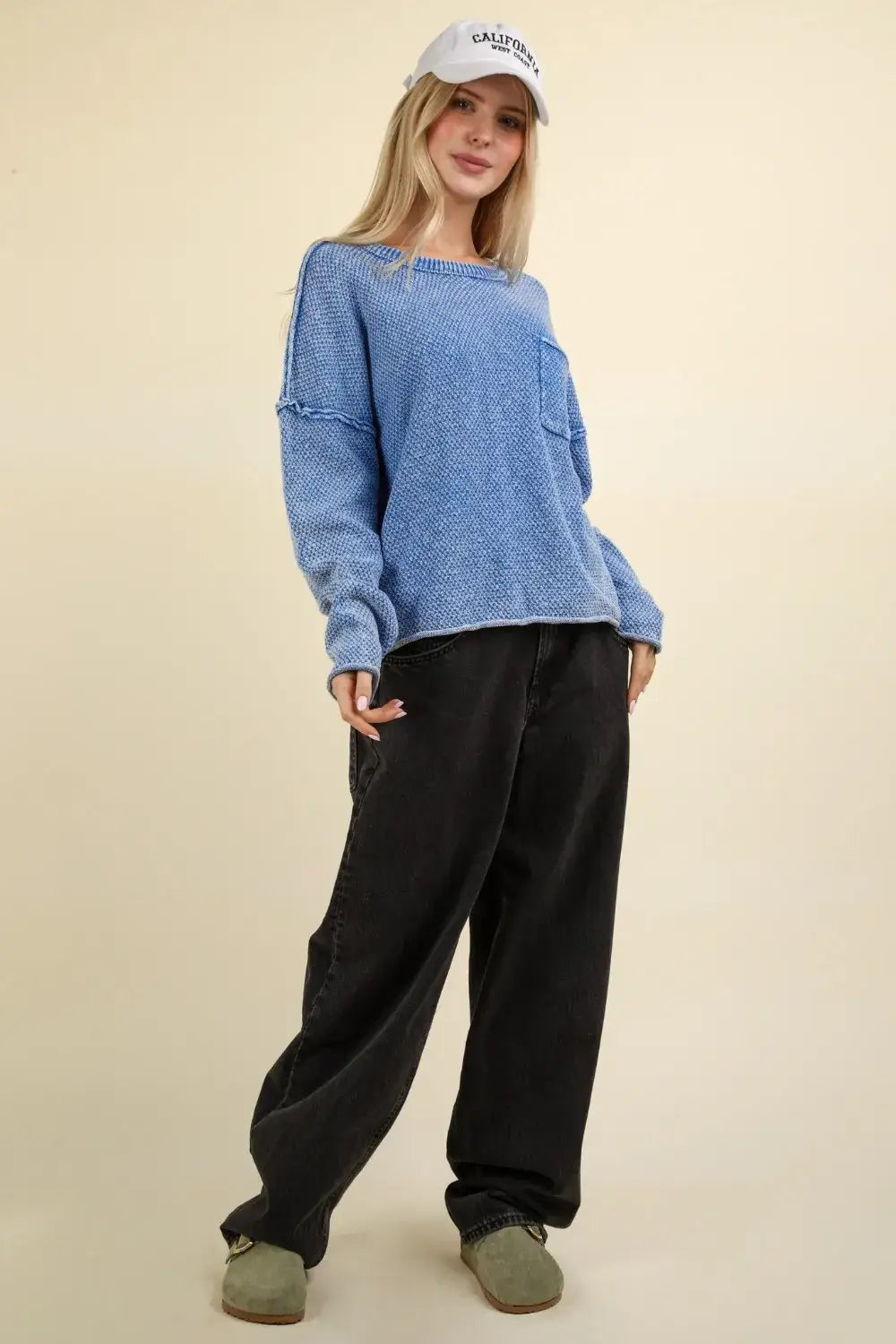 VERY J Mineral Washed Exposed Seam Sweater - Apparel & Accessories > Clothing > Shirts & Tops > Sweaters
