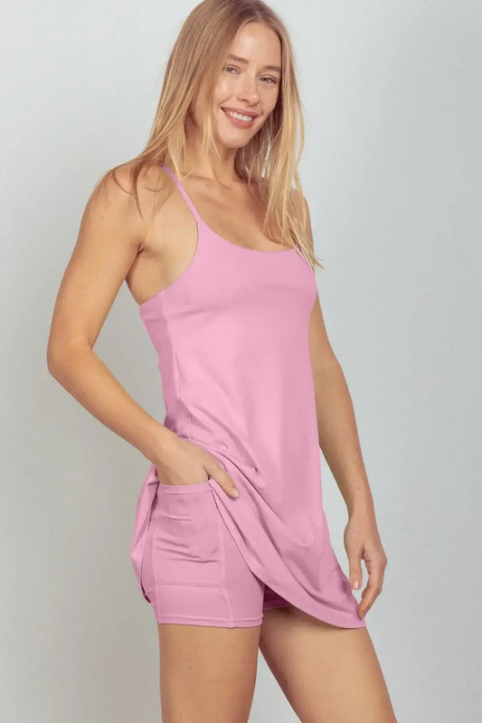 VERY J Sleeveless Active Tennis Dress with Unitard Liner - Mauve / S